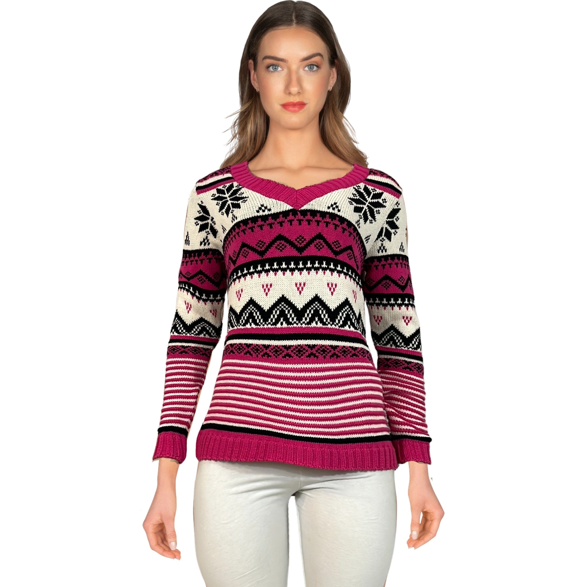 Cotton Country Sweater Womens V-Neck Fair Isle Long