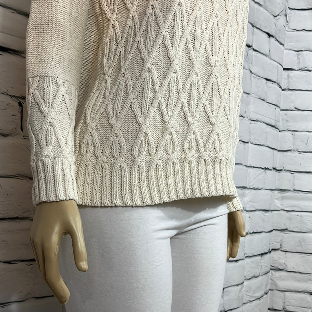 Cotton Country Sweater Womens Medium Turtleneck Neutral Cable Knit Long Sleeve