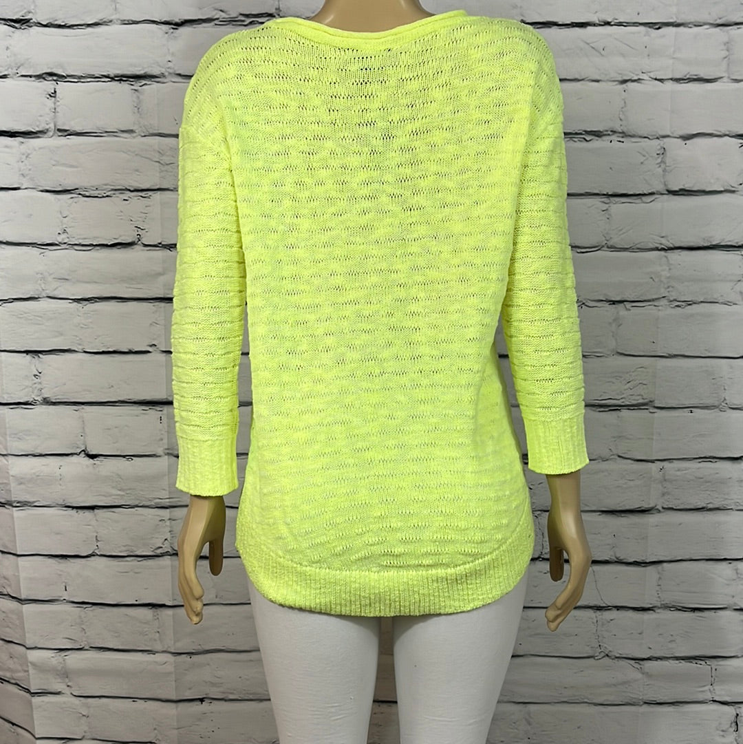 Parkhurst Sweater Womens Round Neck Open Knit Citron 3/4 Sleeve Relaxed