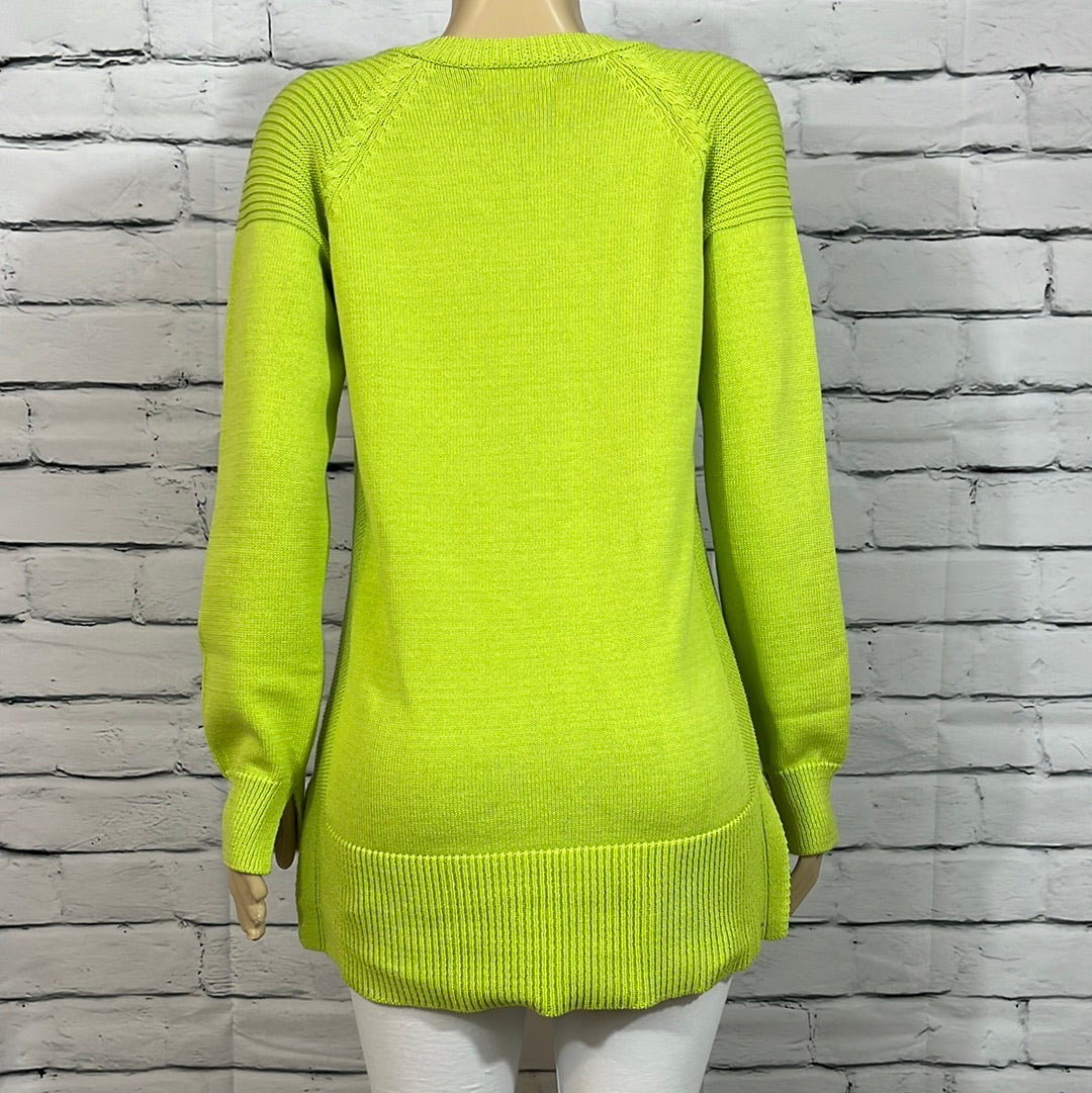 Cotton Country Tunic Womens  Medium V-Neck Tight Knit Lime Long Sleeve