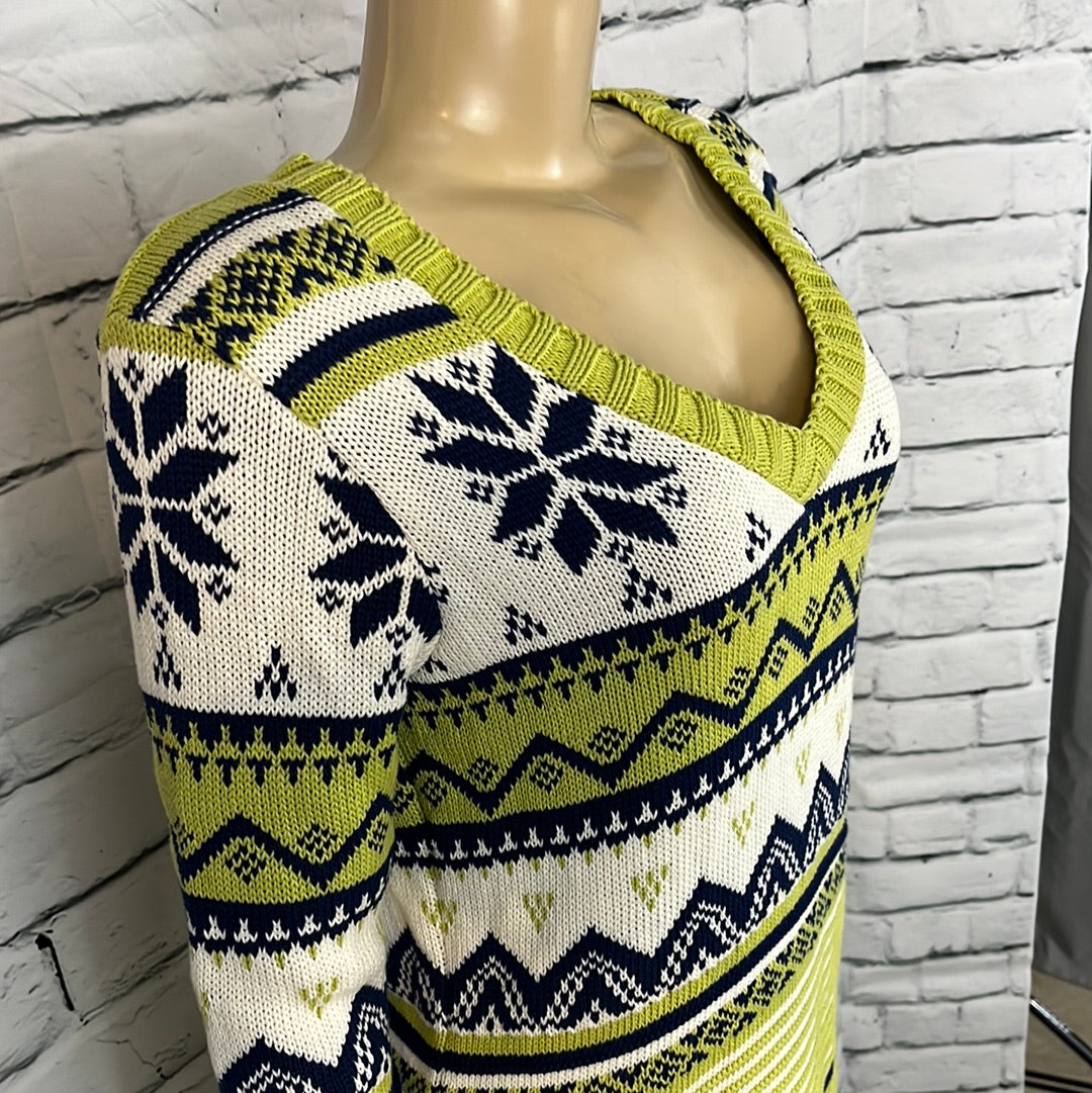 Cotton Country Sweater Womens V-Neck Fair Isle Long