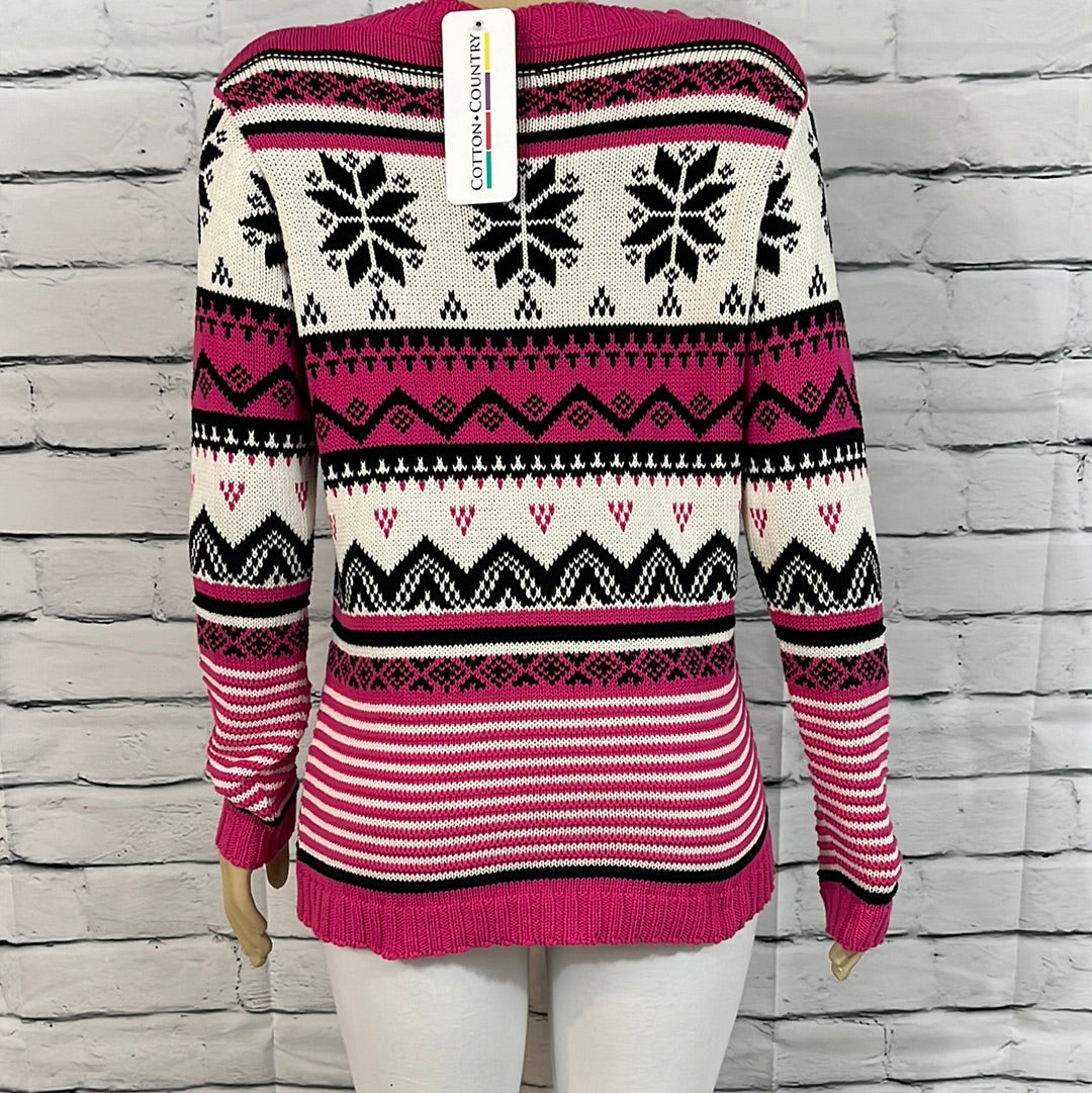 Cotton Country Sweater Womens V-Neck Fair Isle Long