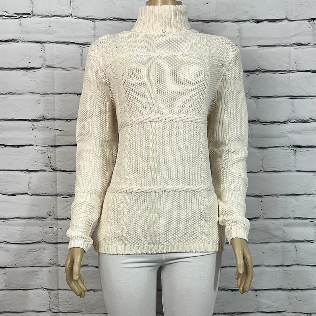 Cotton Country Sweater Womens Medium Neutral Turtleneck Cable Tight Long Sleeve