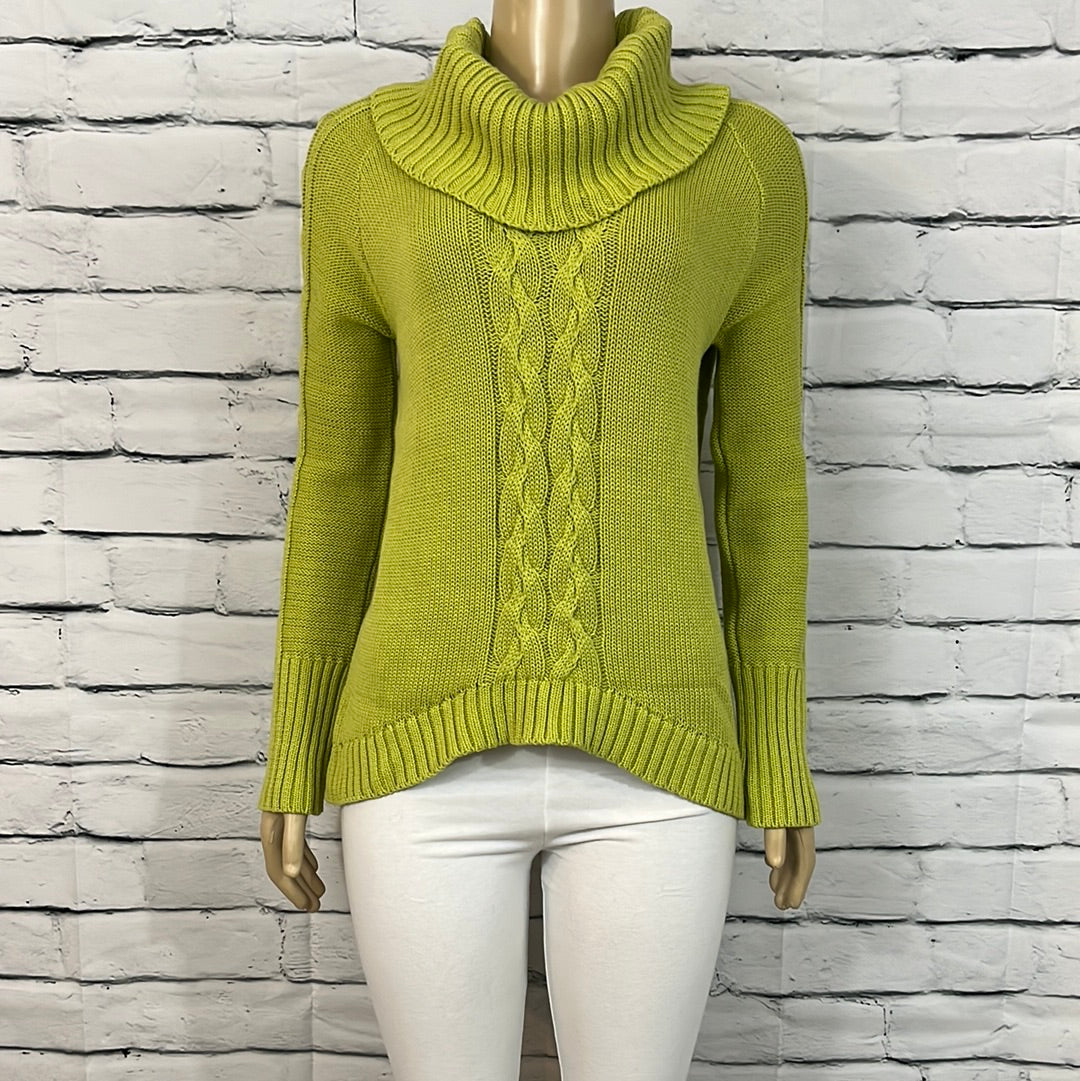 Cotton Country Sweater Womens Medium Cowl Neck Tight Cable Knit Lime