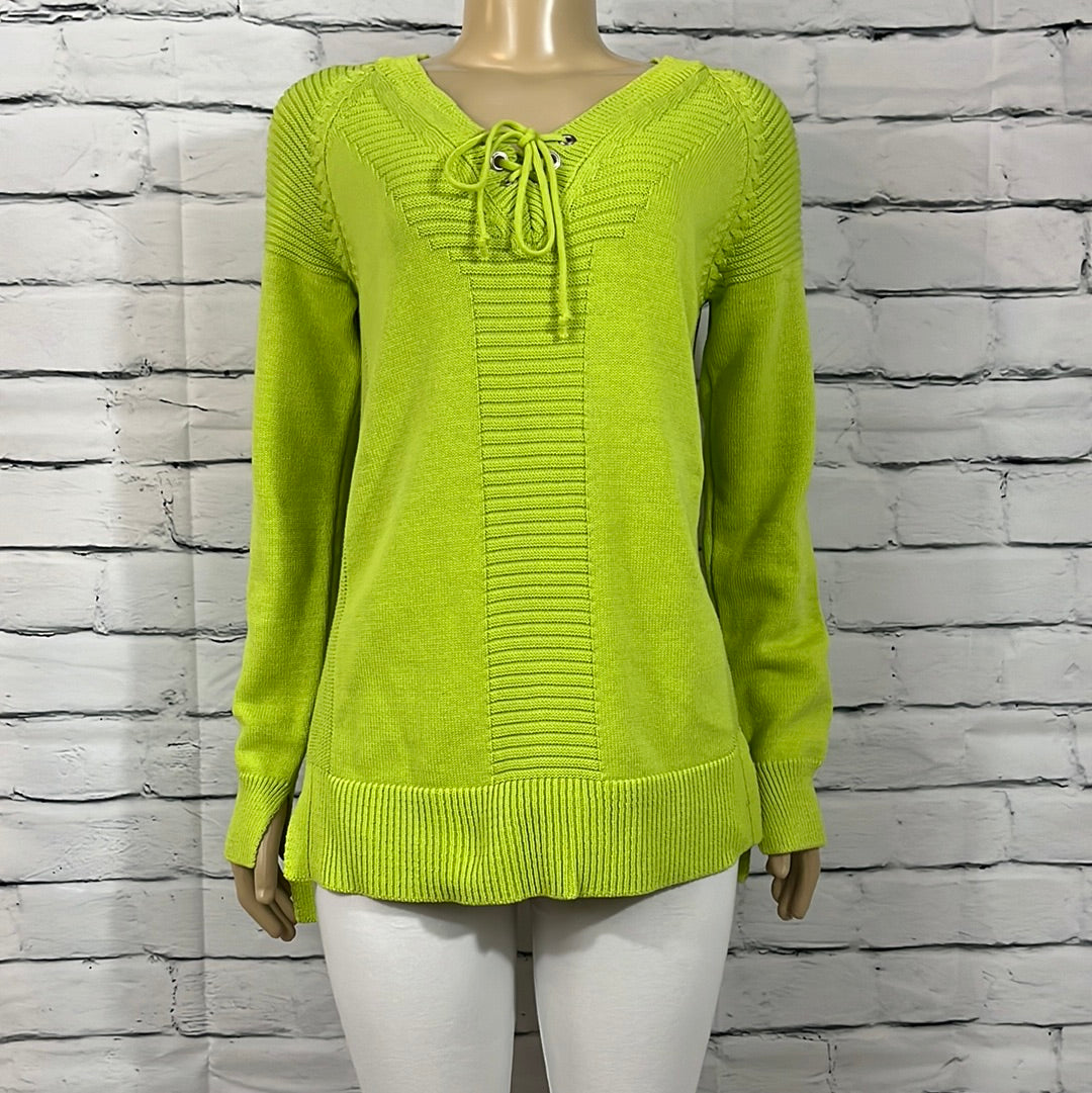 Cotton Country Tunic Womens  Medium V-Neck Tight Knit Lime Long Sleeve