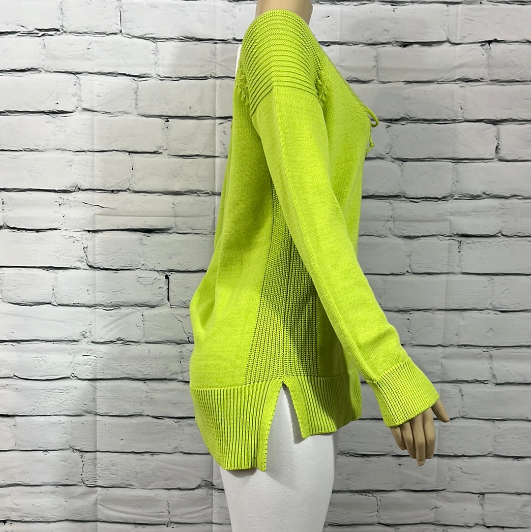 Cotton Country Tunic Womens  Medium V-Neck Tight Knit Lime Long Sleeve