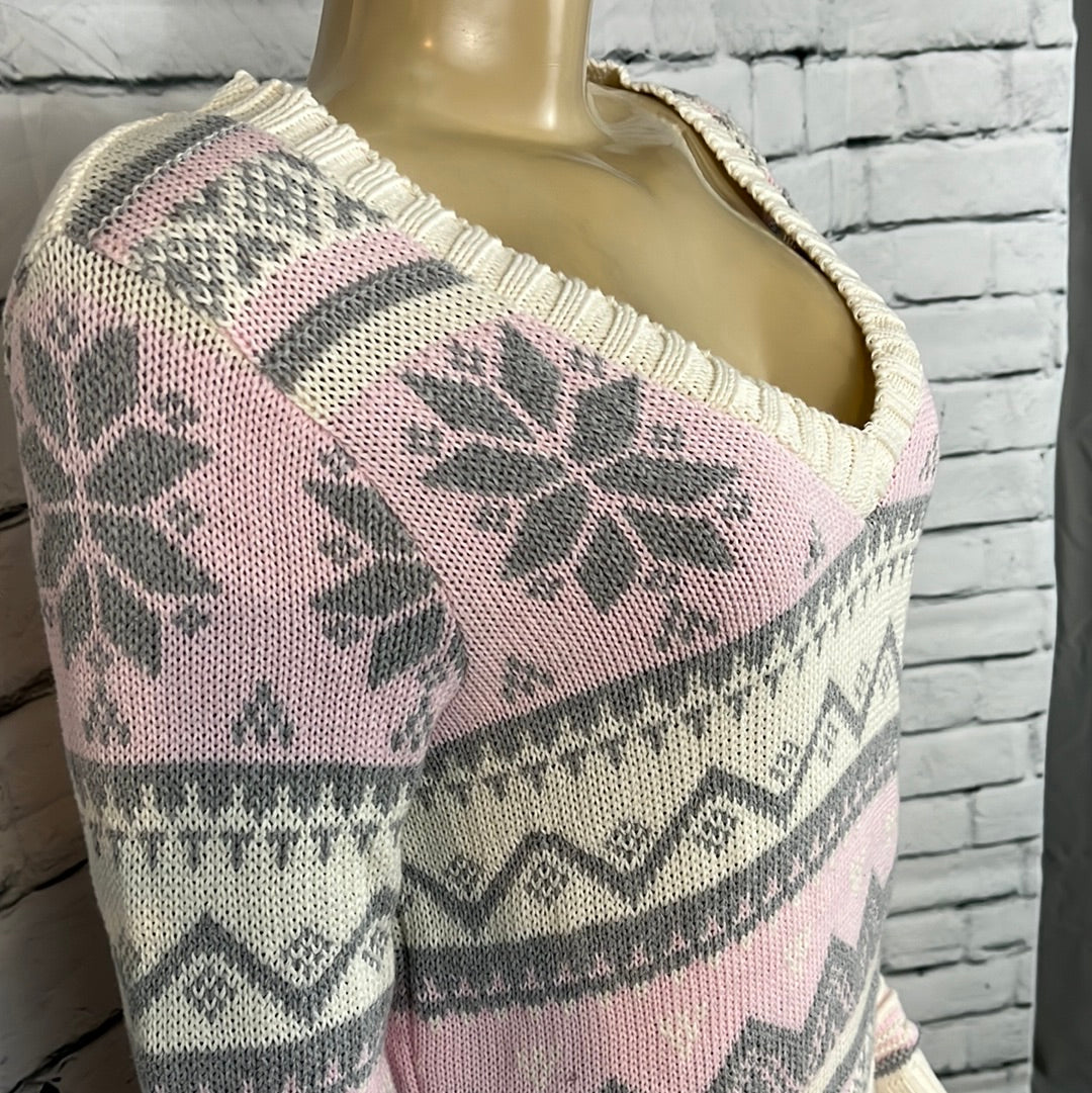 Cotton Country Sweater Womens V-Neck Fair Isle Long