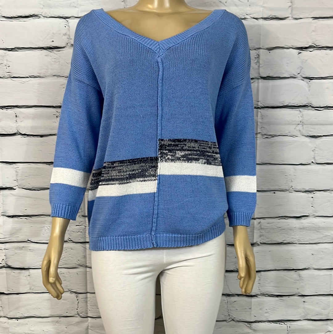 Cotton Country Sweater Womens V-Neck Tight Knit 3/4 Sleeve Relax