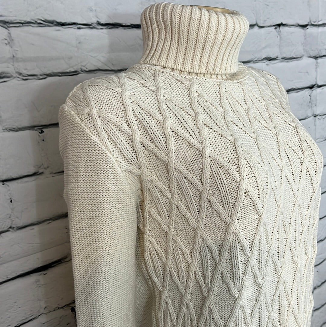 Cotton Country Sweater Womens Medium Turtleneck Neutral Cable Knit Long Sleeve