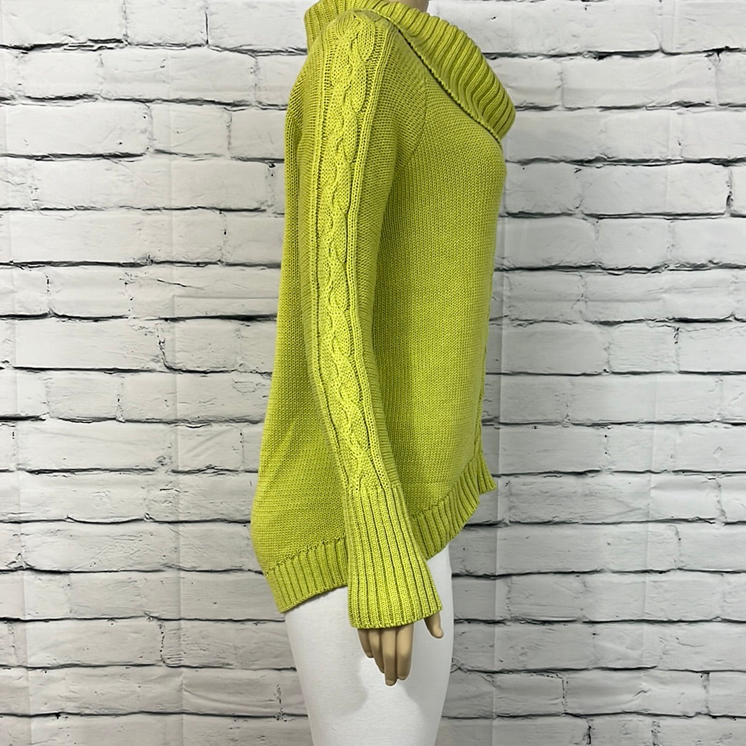 Cotton Country Sweater Womens Medium Cowl Neck Tight Cable Knit Lime