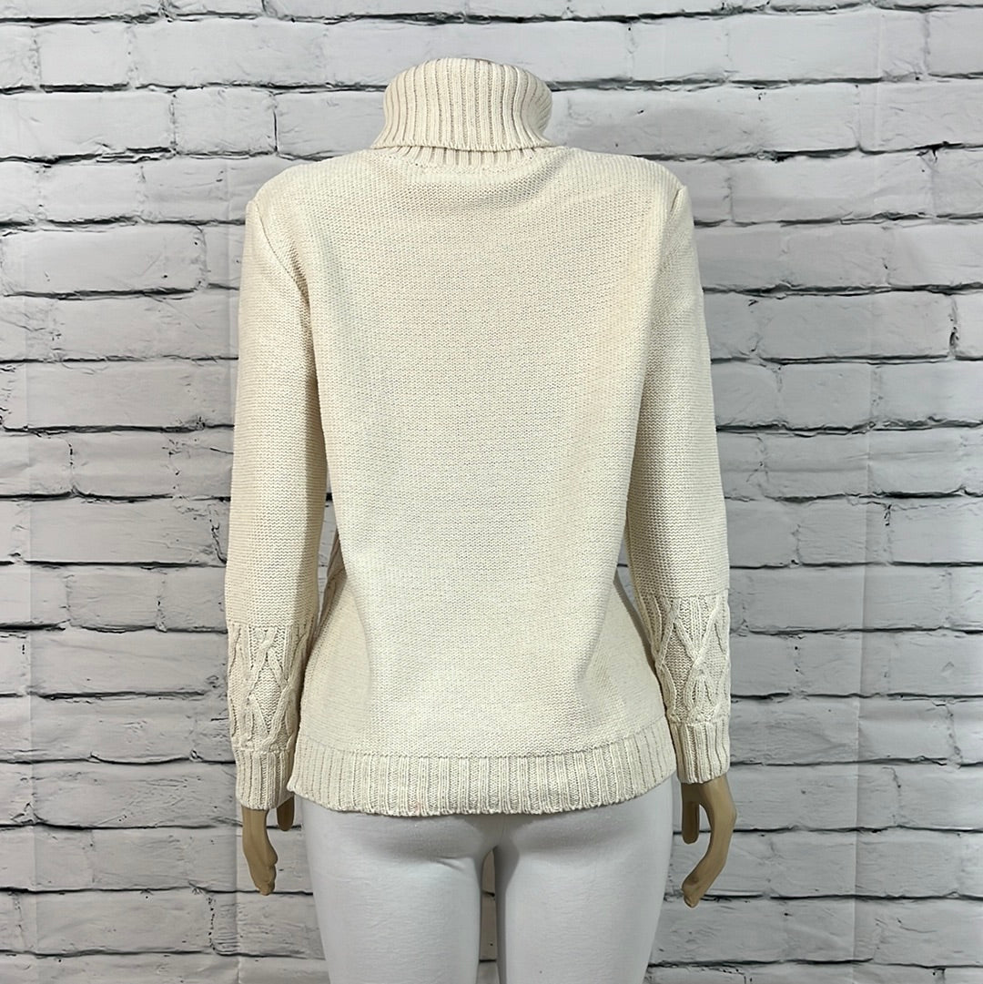 Cotton Country Sweater Womens Medium Turtleneck Neutral Cable Knit Long Sleeve