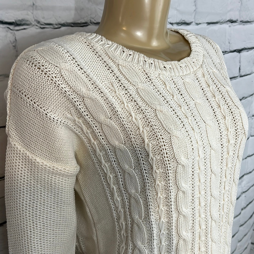 Cotton Country Womens Sweater Neutral  Round Neck Cable Knit Long Sleeve