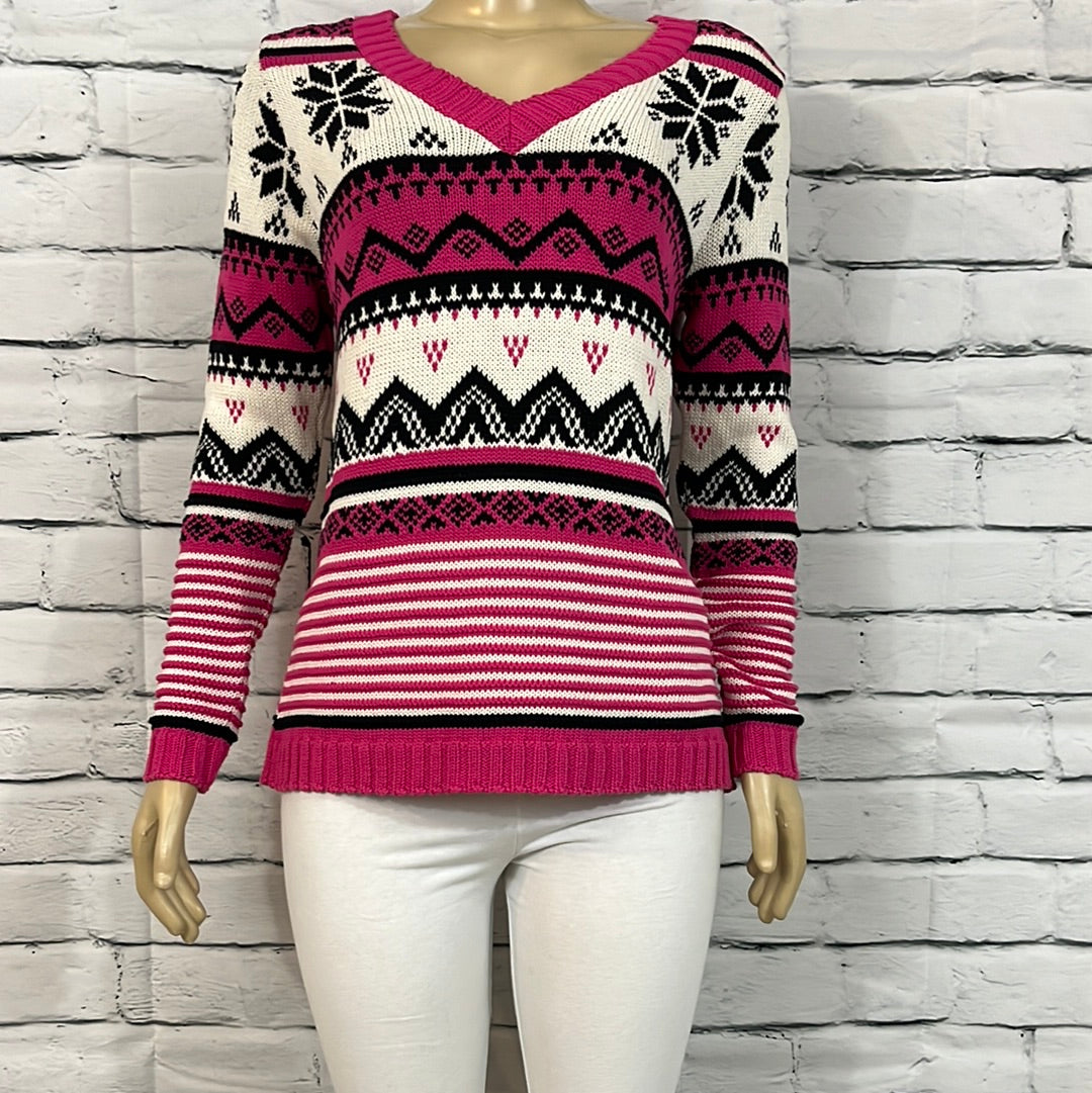 Cotton Country Sweater Womens V-Neck Fair Isle Long