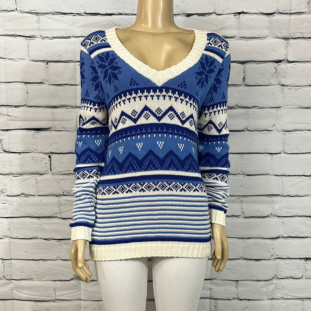 Cotton Country Sweater Womens V-Neck Fair Isle Long