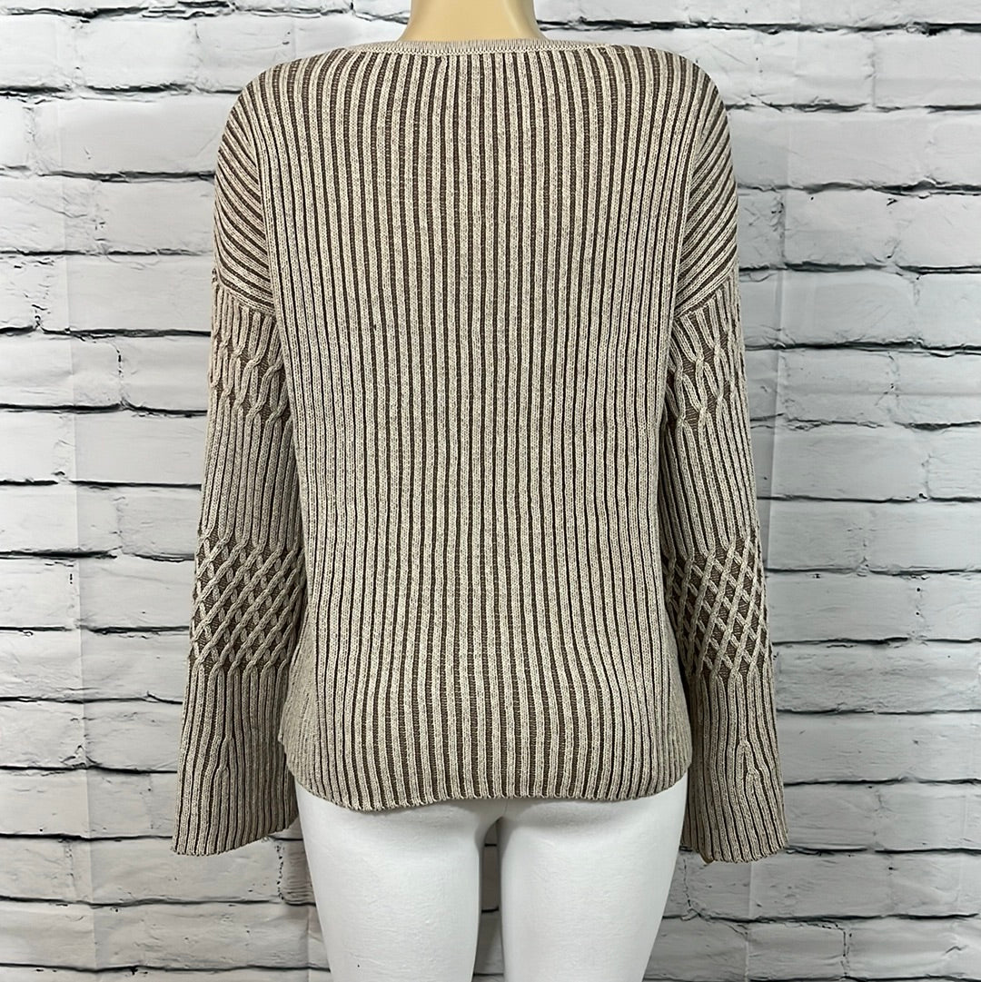 Cotton Country Sweater Womens Bell Sleeve Round Neck Tight Knit Cable Knit