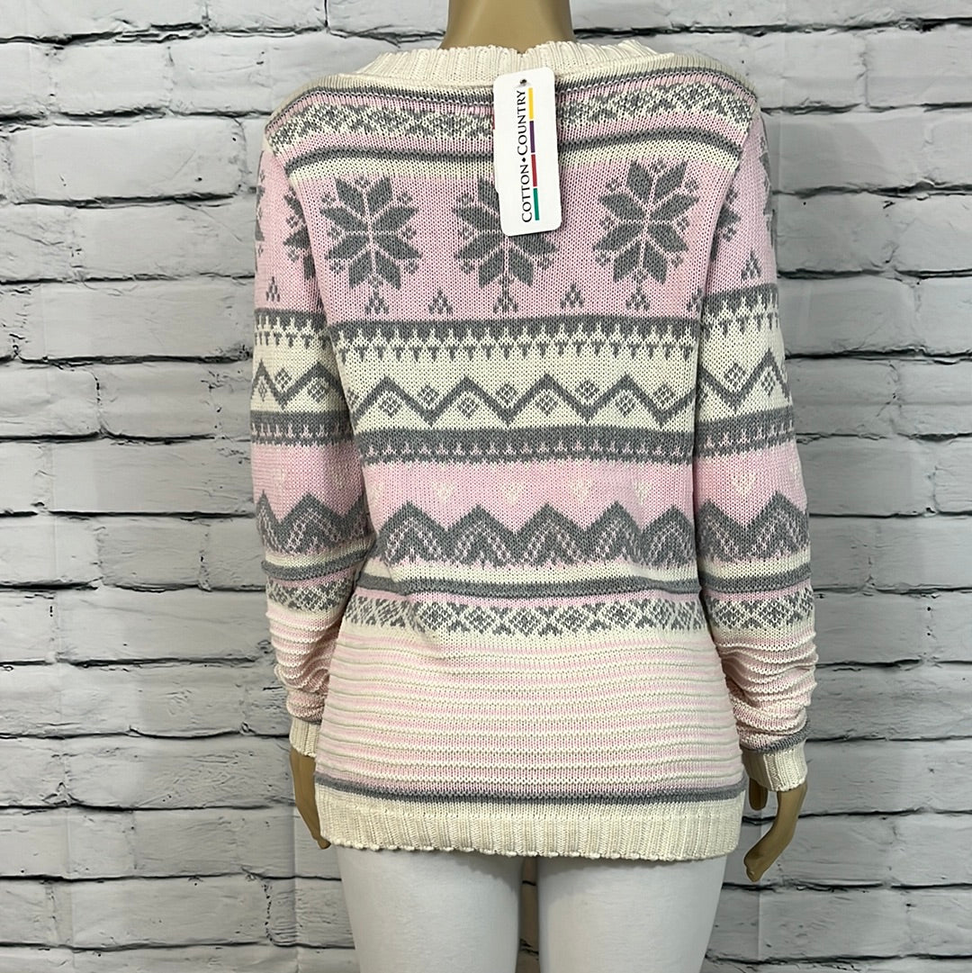 Cotton Country Sweater Womens V-Neck Fair Isle Long