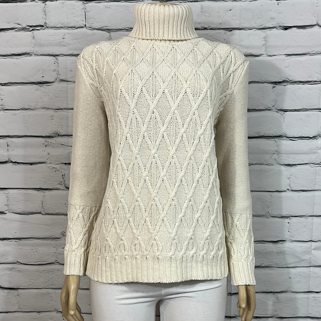 Cotton Country Sweater Womens Medium Turtleneck Neutral Cable Knit Long Sleeve