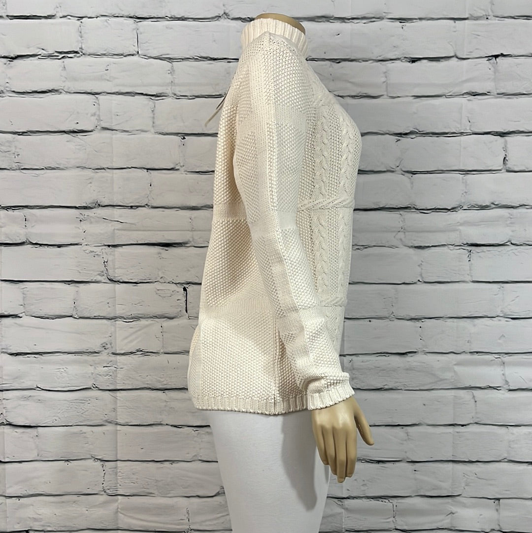 Cotton Country Sweater Womens Medium Neutral Turtleneck Cable Tight Long Sleeve