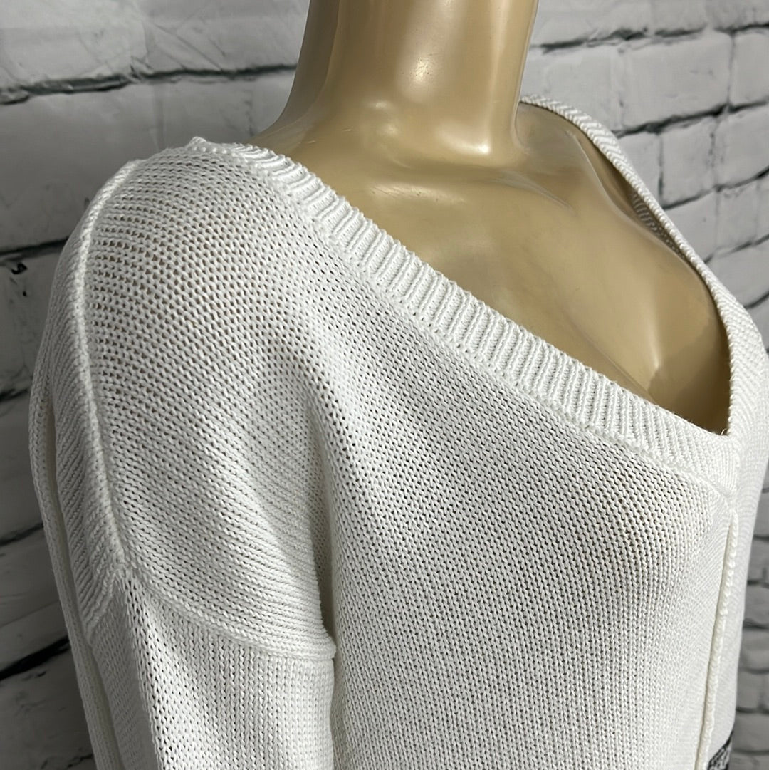 Cotton Country Sweater Womens V-Neck Tight Knit 3/4 Sleeve Relax