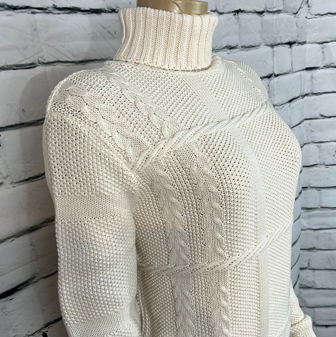 Cotton Country Sweater Womens Medium Neutral Turtleneck Cable Tight Long Sleeve