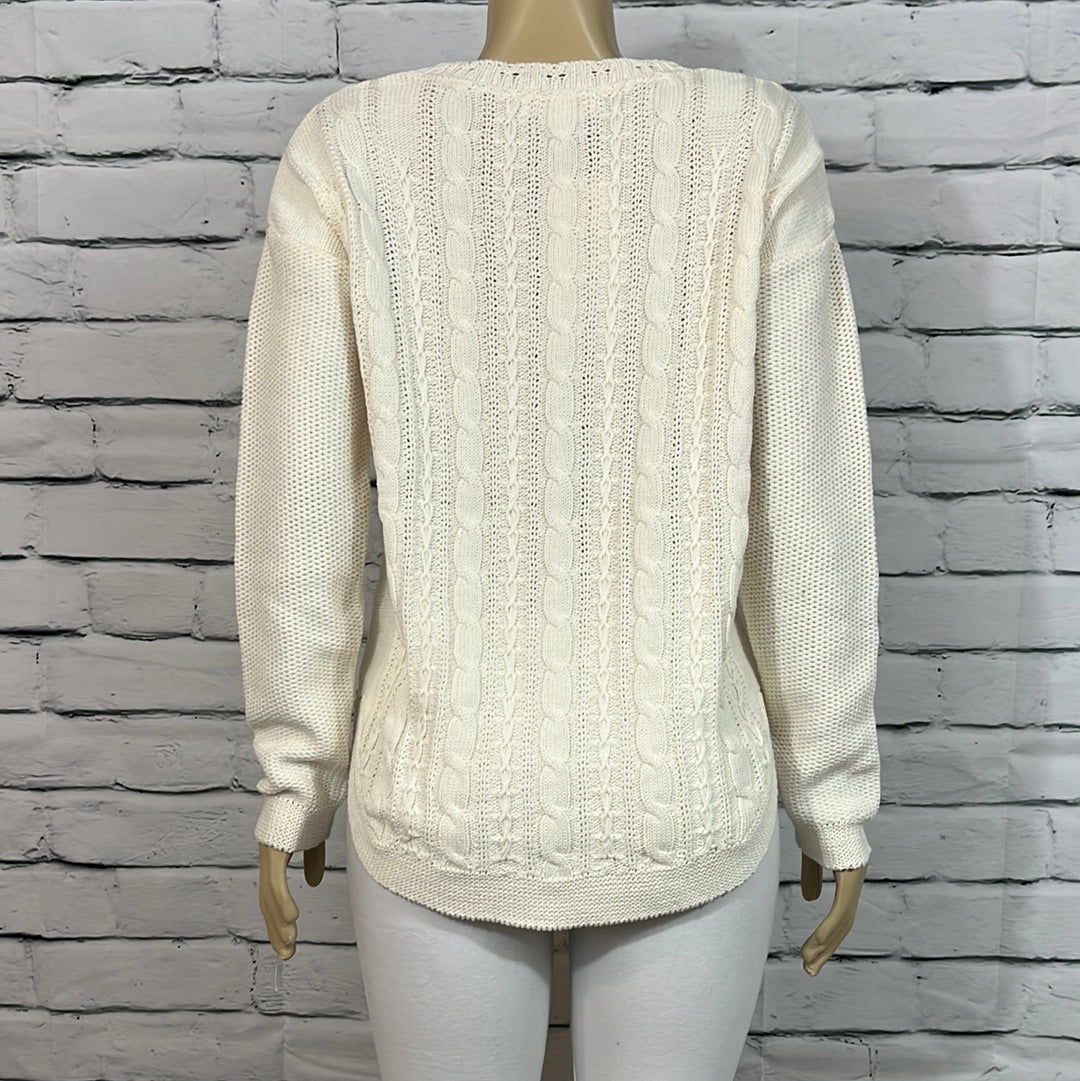 Cotton Country Womens Sweater Neutral  Round Neck Cable Knit Long Sleeve