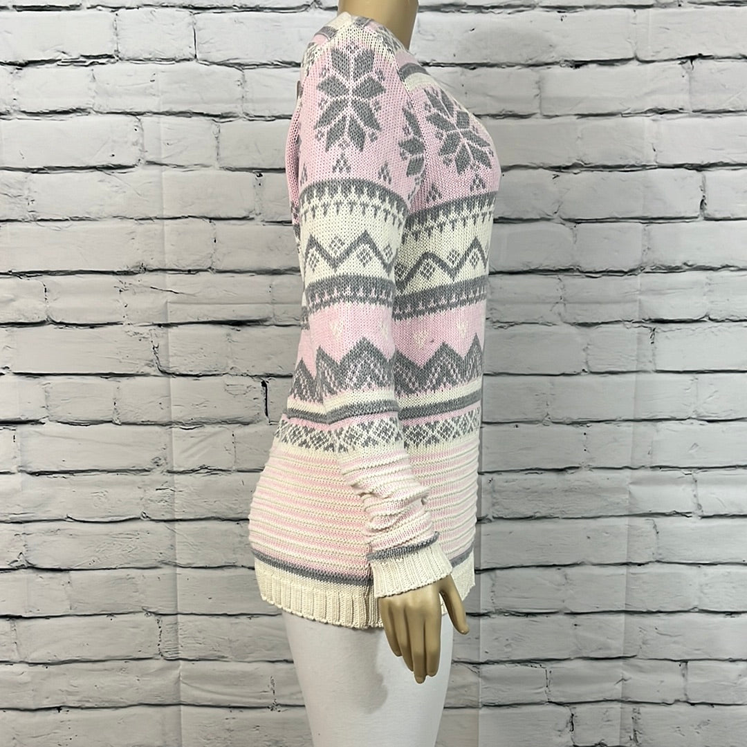 Cotton Country Sweater Womens V-Neck Fair Isle Long