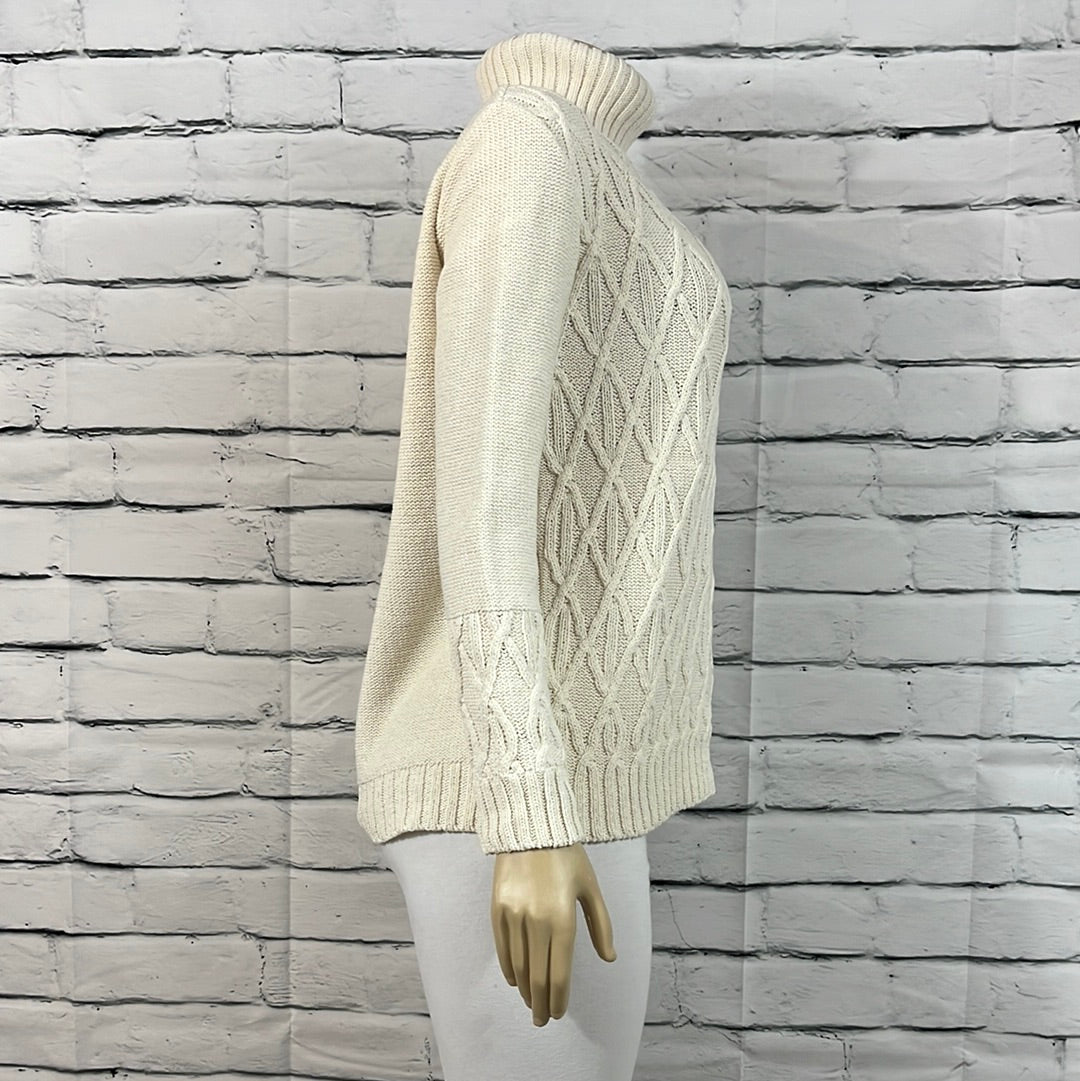 Cotton Country Sweater Womens Medium Turtleneck Neutral Cable Knit Long Sleeve