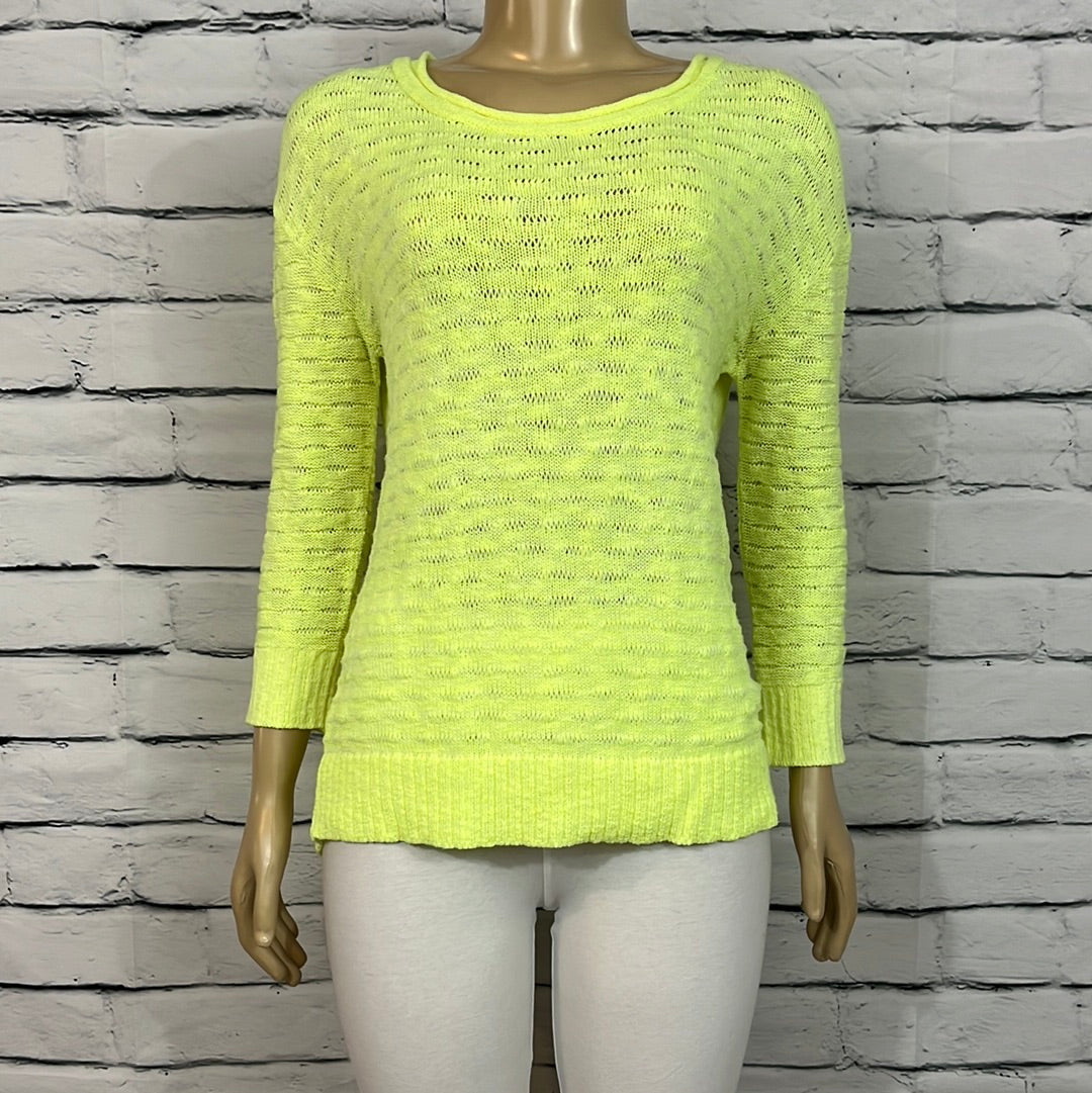 Parkhurst Sweater Womens Round Neck Open Knit Citron 3/4 Sleeve Relaxed