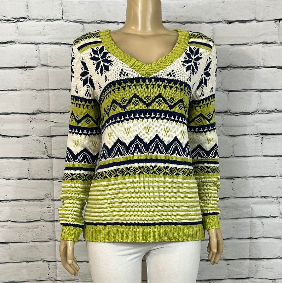 Cotton Country Sweater Womens V-Neck Fair Isle Long