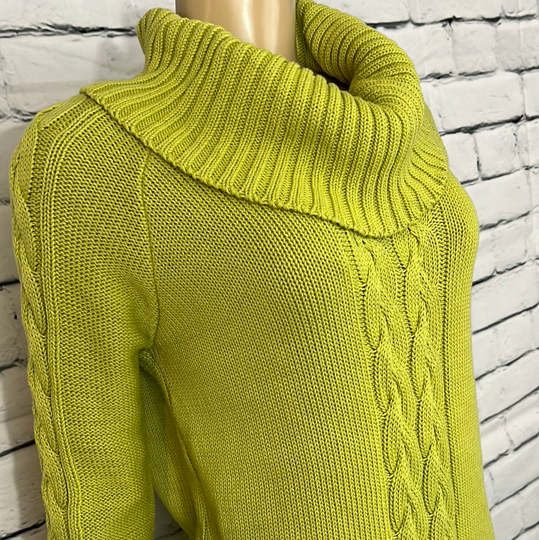 Cotton Country Sweater Womens Medium Cowl Neck Tight Cable Knit Lime