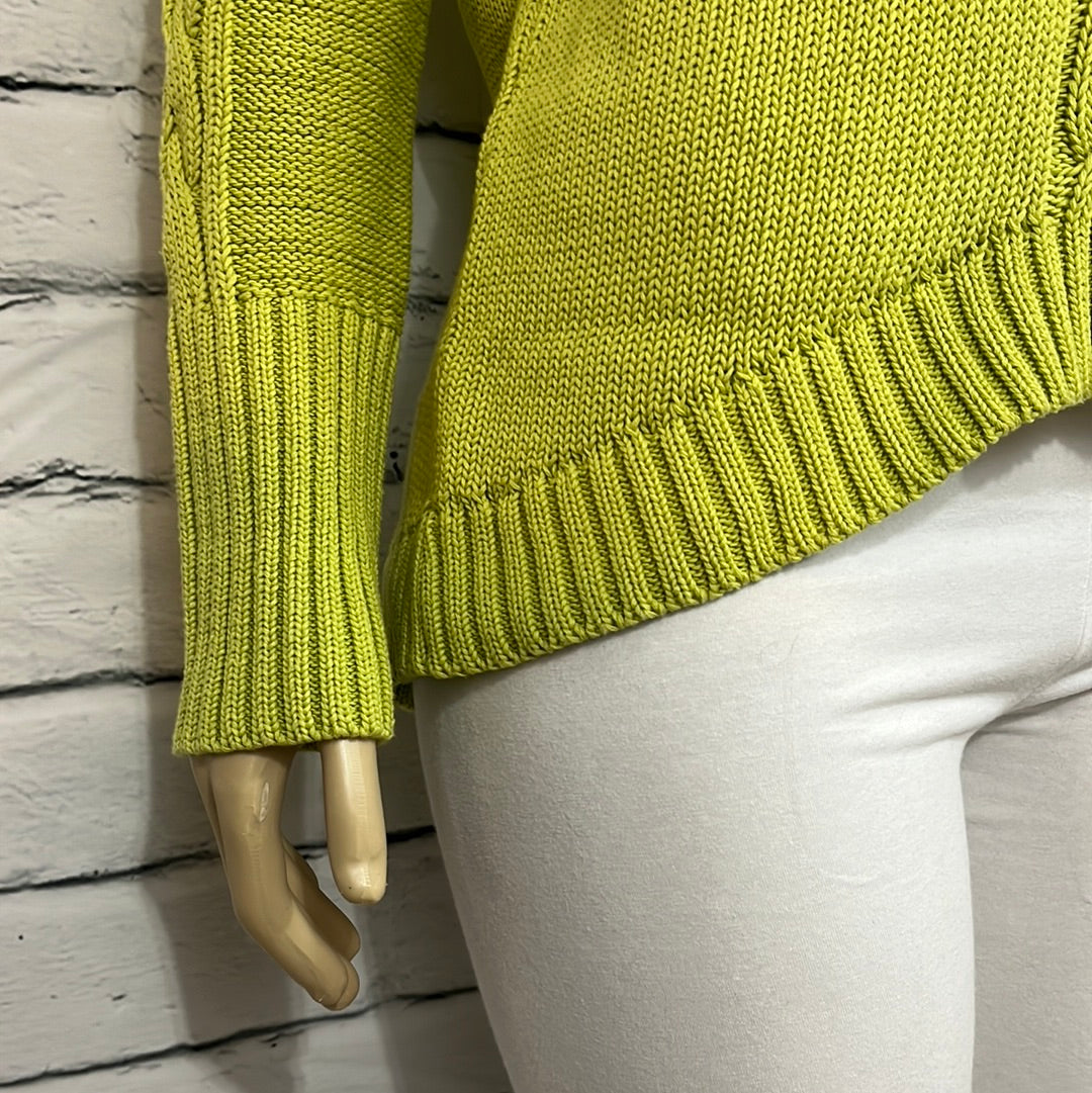 Cotton Country Sweater Womens Medium Cowl Neck Tight Cable Knit Lime