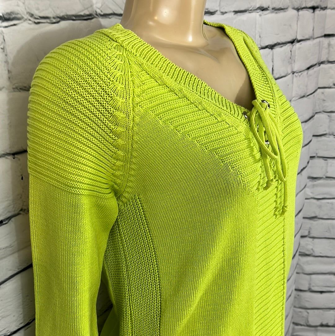 Cotton Country Tunic Womens  Medium V-Neck Tight Knit Lime Long Sleeve