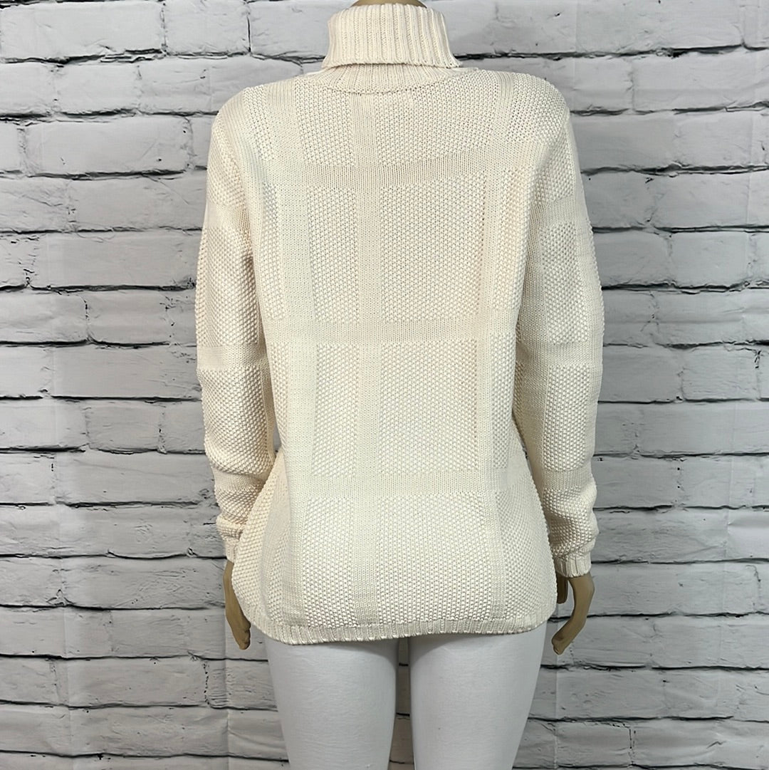 Cotton Country Sweater Womens Medium Neutral Turtleneck Cable Tight Long Sleeve